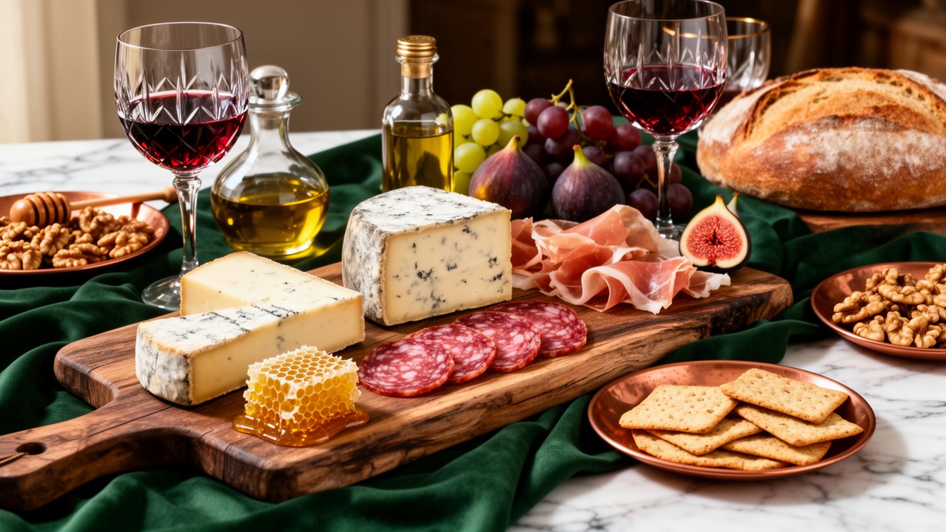 Luxurious gourmet food spread with artisan cheeses, charcuterie, wine, and fine ingredients